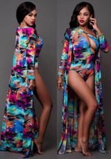 Blue Colorful Asymmetric Shoulder Cut Out Draped Swimwear With Cloak