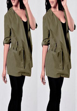 Army Green Drawstring Pockets Hooded Long Sleeve Plus Size Trench Coat