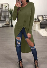 Army Green Irregular Round Neck Fashion Blouse