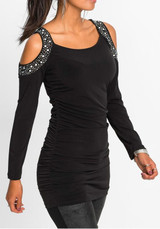 Black Patchwork Rhinestone Cut Out Round Neck Casual T-Shirt