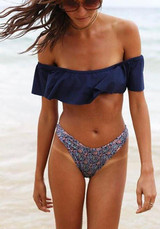 Blue Floral Bandeau Ruffle Off Shoulder Two Piece Backless Bikini Swimwear
