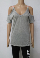 Grey Off-Shoulder Deep V Short Sleeve Casual T-Shirt