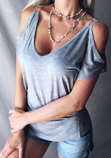 Grey Off-Shoulder Deep V Short Sleeve Casual T-Shirt