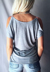 Grey Off-Shoulder Deep V Short Sleeve Casual T-Shirt