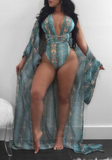 Green-Khaki Patchwork Snake Print Deep V-neck Two Piece Swimwear