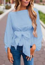 Blue Bow Boat Neck Long Sleeve Fashion Blouse