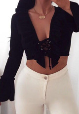 Black Ruffle Lace-up Deep V-neck Flare Sleeve Club Crop T-shirt
