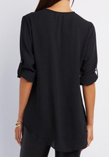Black Zipper Buttons V-neck Casual Blouse