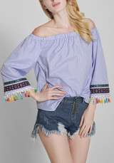 Blue Striped Tassel Embroidery Boat Neck Fashion Blouse