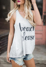 Grey-Black Monogram Print Round Neck Sleeveless Casual T-Shirt
