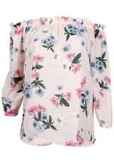 Pink Floral Boat Neck Ruffle Off Shoulder Long Sleeve Fashion Blouse