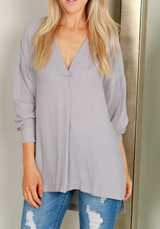Grey Plain Irregular V-neck Long Sleeve Fashion Blouse