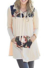 White Floral Pockets Drawstring Long Sleeve Fashion Sweatshirt