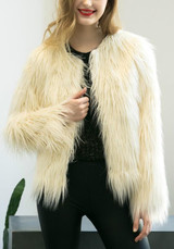 White Round Neck Long Sleeve Fashion Winter Faux Fur Coat
