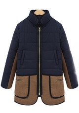 Navy Blue Patchwork Pockets Zipper Faux Fur Hooded Long Sleeve Coat