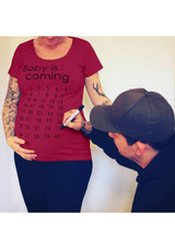 Burgundy Monogram Round Neck Maternity Casual Going out T-Shirt