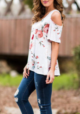 White Floral Cut Out Off-Shoulder Draped Short Sleeve Casual Blouse