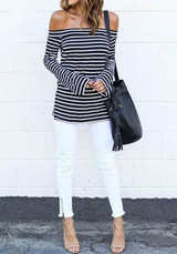 Black-White Striped Boat Neck Off Shoulder Double Slit Fashion T-Shirt