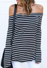 Black-White Striped Boat Neck Off Shoulder Double Slit Fashion T-Shirt