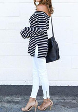 Black-White Striped Boat Neck Off Shoulder Double Slit Fashion T-Shirt