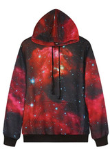 Red Galaxy Print Pockets Drawstring Oversized Casual Hooded Pullover Sweatshirt