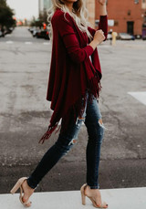 Red Tassel Irregular Cowl Neck Tache Casual Cape Coat