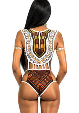 White Tribal Floral Print Cut Out One Piece Vintage Boho Bikini Swimwear