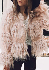 Pink Draped Long Sleeve Faux Fur Fashion Coat