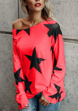 Red Galaxy Print Round Neck Long Sleeve Casual T-Shirt