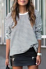 White-Black Striped Round Neck Long Sleeve Fashion T-Shirt