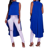 Blue Irregular Swallowtail Draped High-low Band Collar Oversize Casual T-Shirt