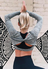 Grey Striped Cross Back Crop Round Neck Long Sleeve T-Shirt