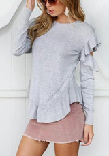 Grey Cascading Ruffle Irregular Round Neck Sweet Pullover Sweater Grey Cascading Ruffle Irregular Round Neck Sweet Pullover Sweater