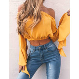 Yellow Irregular Boat Neck Flutter Sleeve Off-Shoulder Blouse
