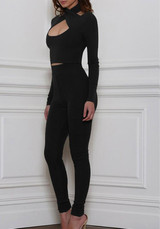 Black Cut Out Midriff Irregular Long Sleeve T-Shirt