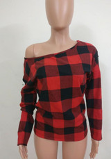 Red Plaid Asymmetric Shoulder One Off Shoulder Round Neck Long Sleeve Casual T-Shirt