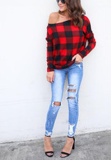 Red Plaid Asymmetric Shoulder One Off Shoulder Round Neck Long Sleeve Casual T-Shirt