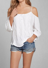 White Patchwork Lace Spaghetti Strap Off-Shoulder Comfy Chiffon Blouse