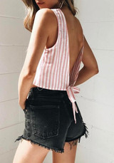 Pink-White Striped Print Cut Out Open Back Blouse