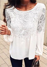 White Patchwork Lace Draped Round Neck Long Sleeve Fashion Chiffon Blouse