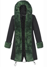 Black Patchwork Drawstring Irregular Hooded Long Sleeve Faux Fur Thick Coat