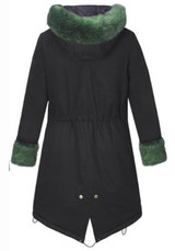 Black Patchwork Drawstring Irregular Hooded Long Sleeve Faux Fur Thick Coat