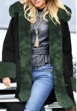Black Patchwork Drawstring Irregular Hooded Long Sleeve Faux Fur Thick Coat