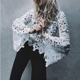 White Patchwork Lace Cut Out Round Neck Bell Sleeve Fashion Blouse White Patchwork Lace Cut Out Round Neck Bell Sleeve Fashion Blouse