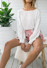 White Ruffle Round Neck Long Sleeve Sweet Blouse