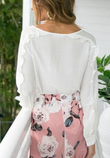 White Ruffle Round Neck Long Sleeve Sweet Blouse