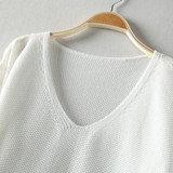 White Plain V-neck Long Sleeve Loose Fashion Pullover Sweater