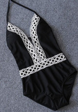 Black Patchwork Backless Lace Condole Belt Plunging Neckline Swimwear Black Patchwork Backless Lace Condole Belt Plunging Neckline Swimwear