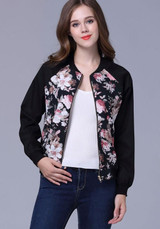 Black Flowers Print Zipper Round Neck Long Sleeve Fashion Coat