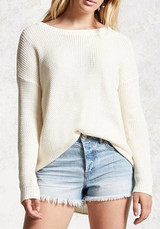 White Backless Cut Out Round Neck Long Sleeve Pullover Sweater